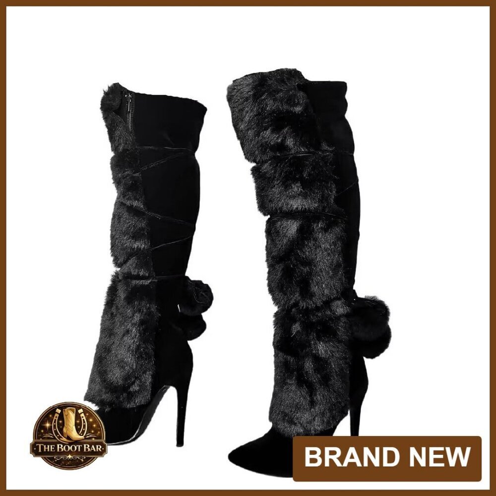 Faux Fur Knee High Stiletto Boots US5-14 Handmade Large Size